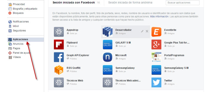 Lista de aplicaciones autorizadas en Facebook